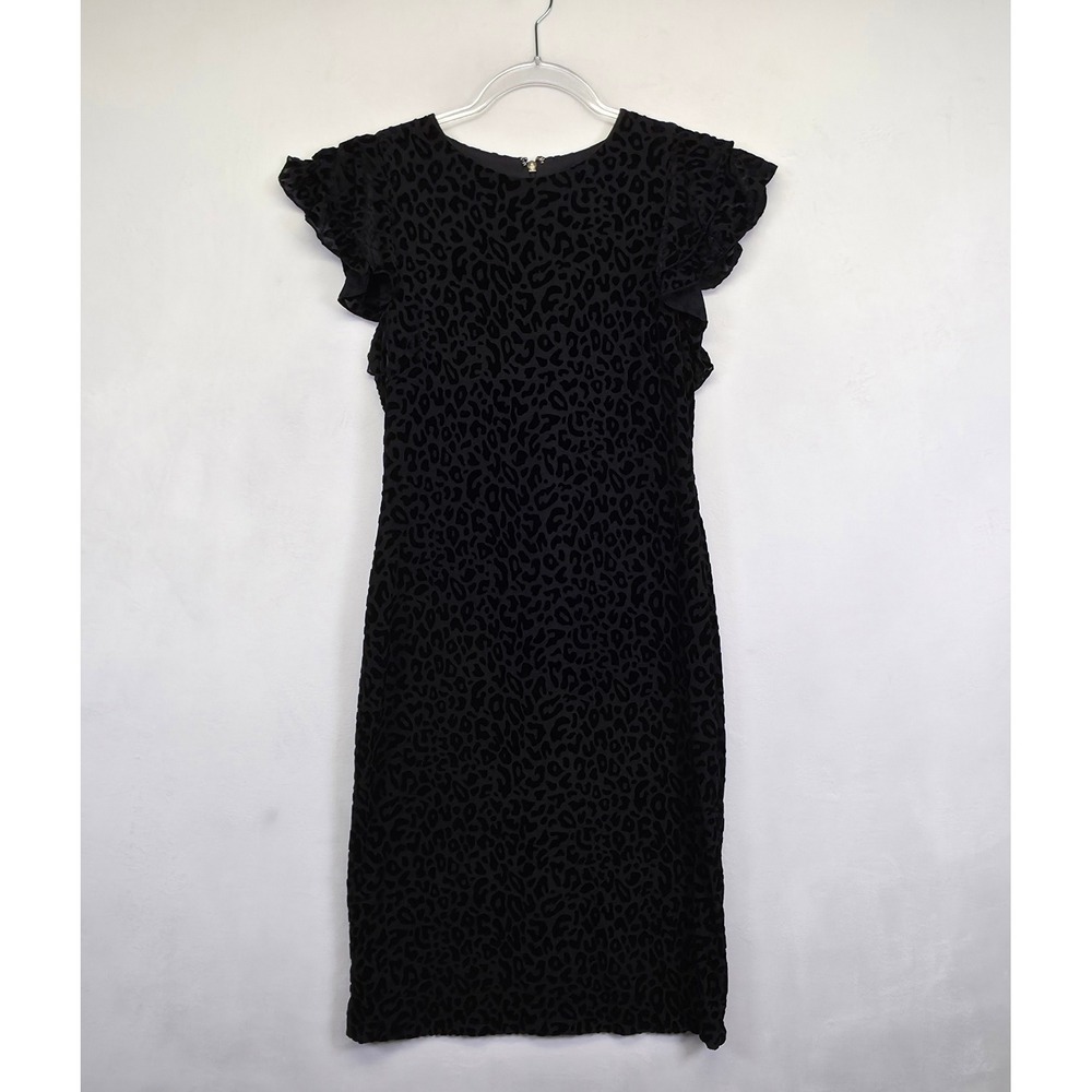 Tommy Hilfiger Dress Womens 8 Black‎ Ruffle Leopard Print Velvet Burnout Sheath - Picture 2 of 12